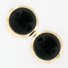 Vintage 14K Yellow Gold Round Cabochon Black Onyx Button Earrings w/ Plain Frame