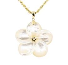 Plumeria Shaped Mother of Pearl Pendant and Chain - 14KT Yellow Gold