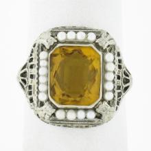 Antique 14K Gold Rectangular Bezel Citrine Seed Pearl Halo w/ Open Filigree Ring