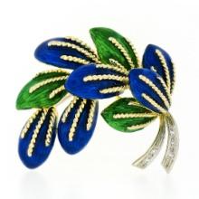 Vintage Italian 18K TT Gold Green Blue Enamel & Diamond Textured Leaf Brooch Pin