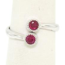 NEW Custom Made 14k White Gold Round Bezel Set Ruby Two Stone Simple Bypass Ring