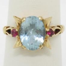 Retro 14k Yellow Gold 2.18 ctw Aquamarine Solitaire and Synthetic Ruby Ring