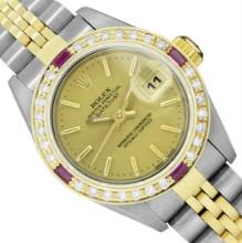 Rolex Quickset Ladies 2Tone 18K Gold Diamond Bezel Datejust Wristwatch With Role