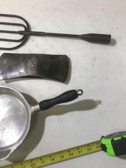 Various Lot, Griswold Skillet, Adze Head, Fish Gig, Axe Head, and pulley