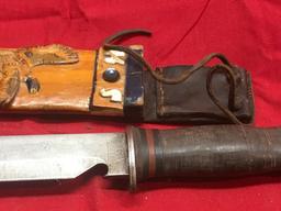 E.G.W. Stacked Leather Handle knife with bottle opener and wooden custom sheath