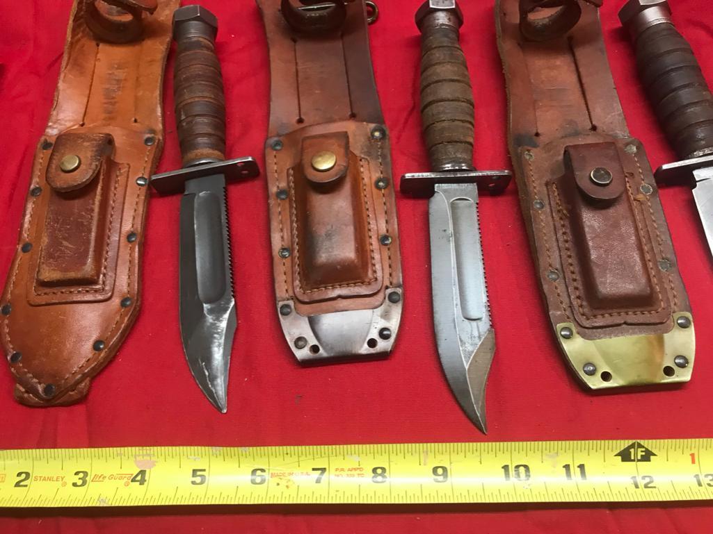 Lot of 3 Vintage Knives with sharpening stones in sheaths. One is Ontario, other 2 are like brand