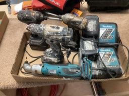 Box Lot, Makita 18 Volt Cordless Tools, 2 Impact Drivers, 2 Angle Drivers, Drill, 5 Batteries, Charg