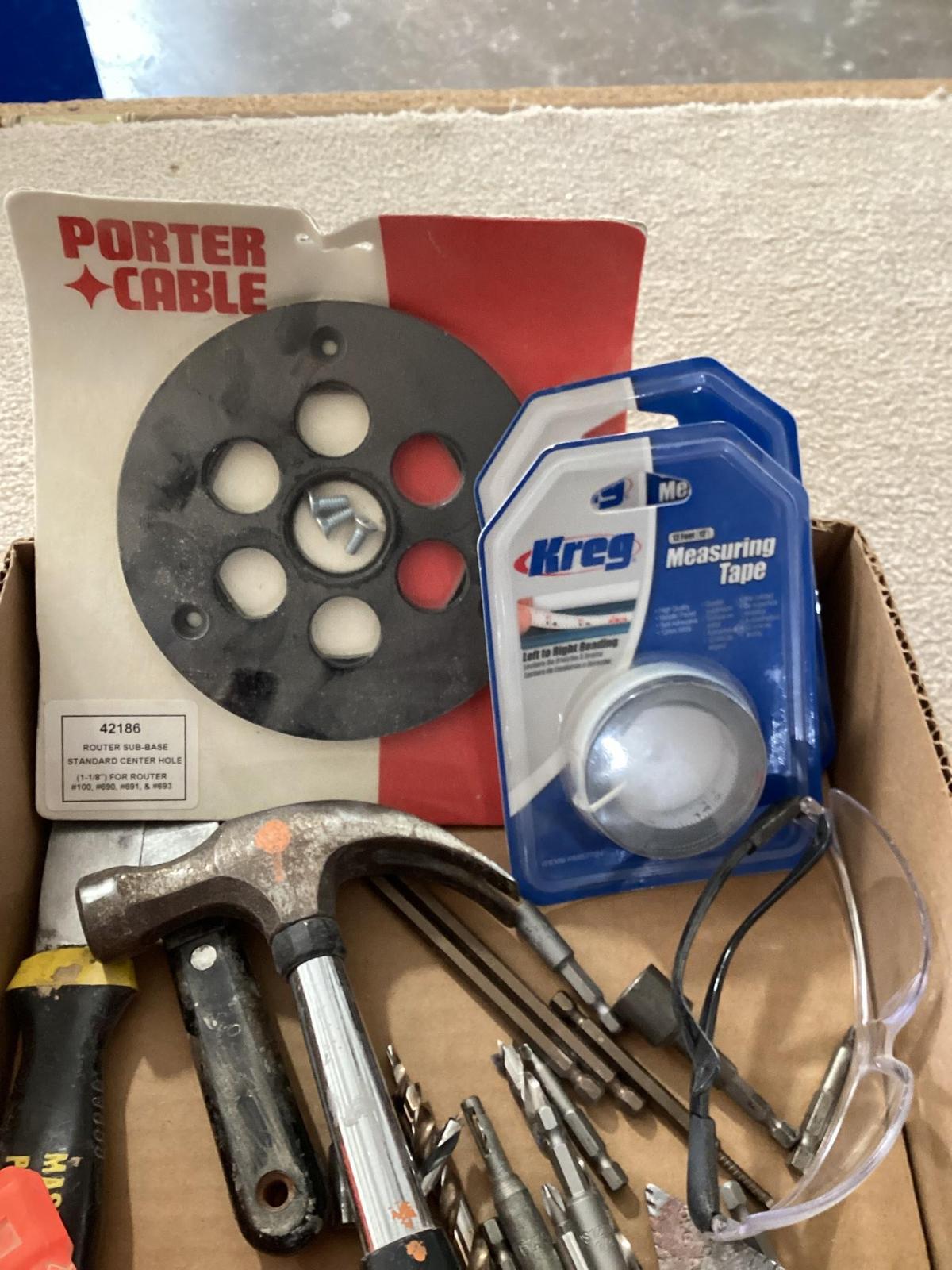 Box Lot, Driver Bits, Drill Bits, Kreg Fence Tape, Router Base Plate, Tools