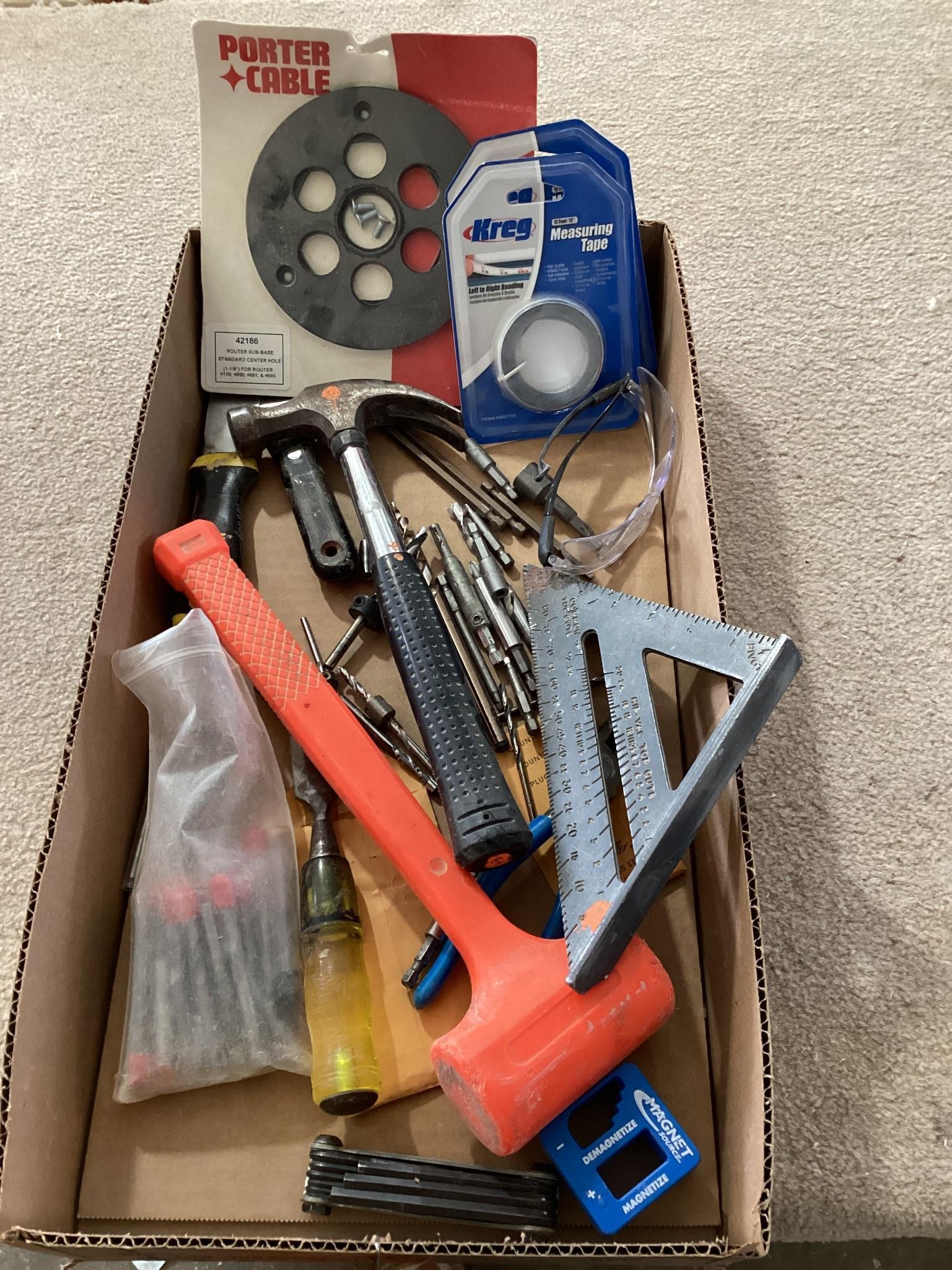 Box Lot, Driver Bits, Drill Bits, Kreg Fence Tape, Router Base Plate, Tools