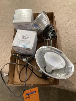 Box Lot, Work Lights and 2 - 19 Watt Dimmable Led Bulbs