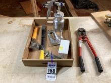 Box lot of staplers, bolt cutter, spray gun