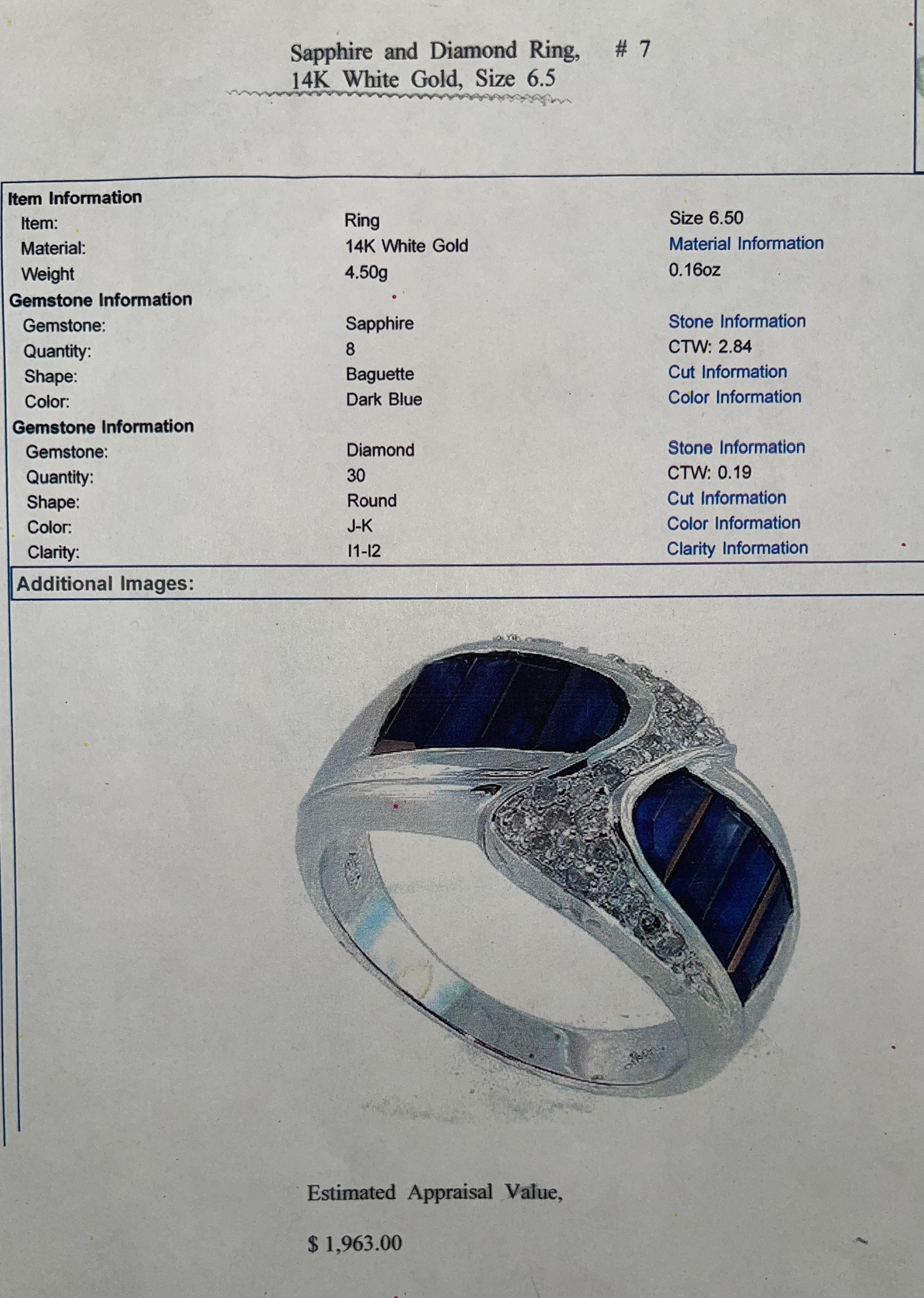 Sapphire and Diamond Ring, 14K White Gold, Size 6.5