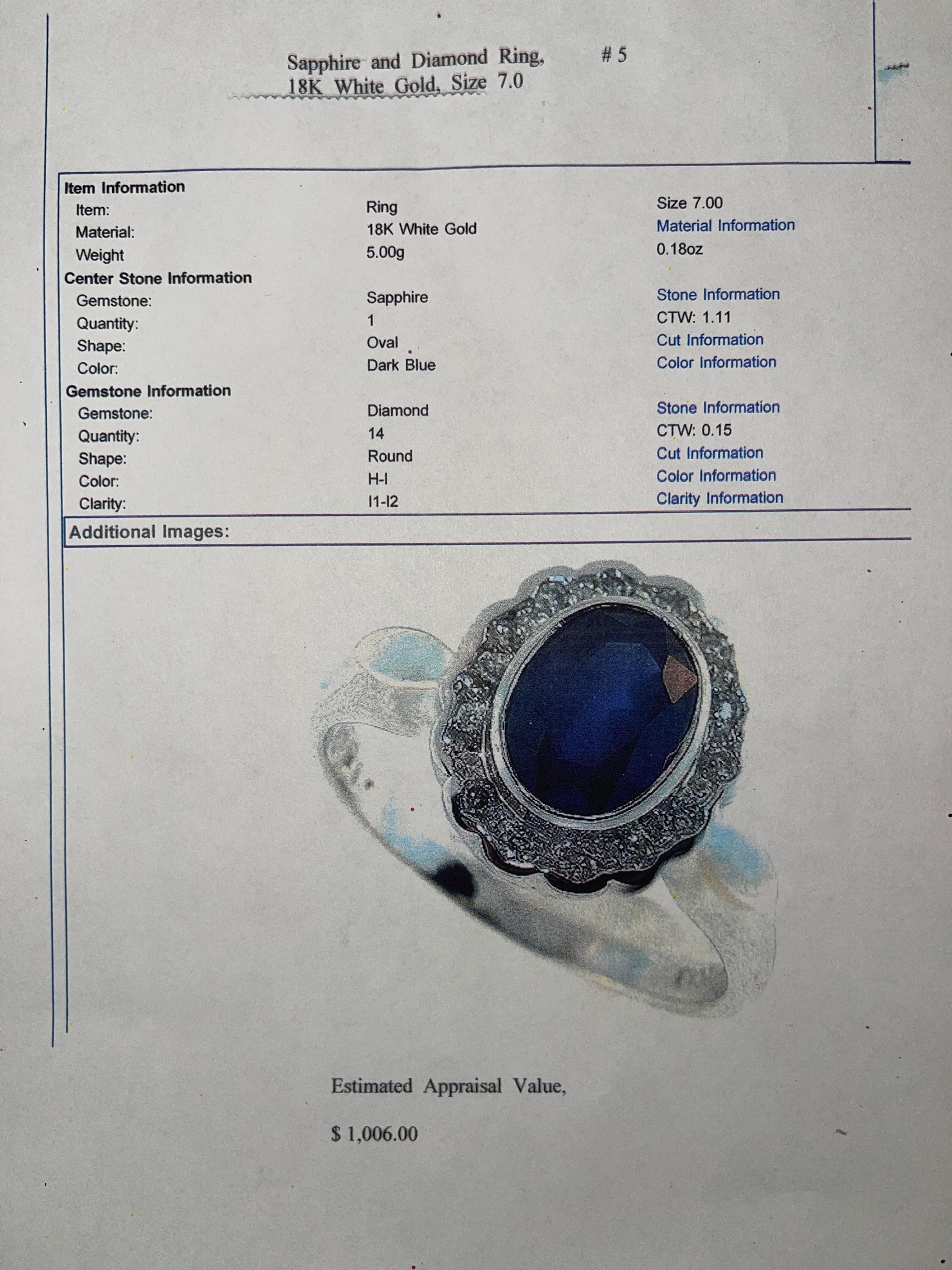 Sapphire and Diamond Ring, 18K White Gold,  Size 7.0