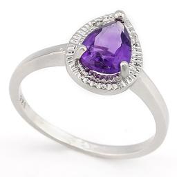 STUNNING ! 1 1/3 CARAT AMETHYST & DIAMOND 925 STERLING SILVER RING