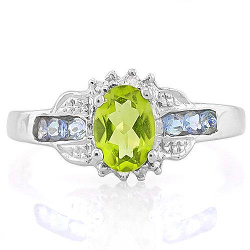 ALLURING ! PERIDOT & 1 1/3 CARAT (6 PCS) TANZANITE 925 STERLING SILVER RING