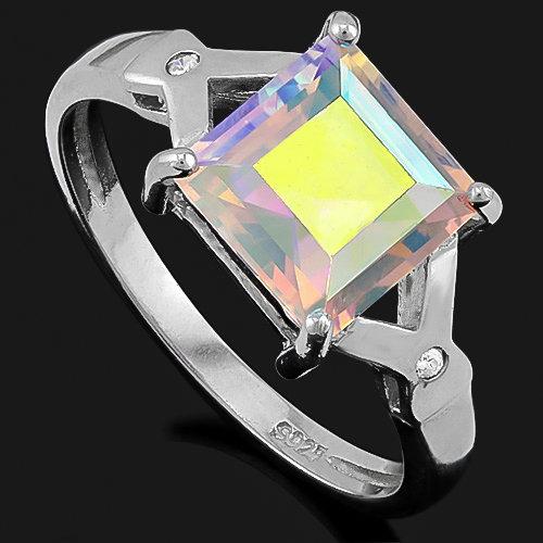 SPLENDID ! 2 1/3 CARAT MERCURY MYSTIC TOPAZ & CREATED WHITE SAPPHIRE 925 STERLING SILVER RING