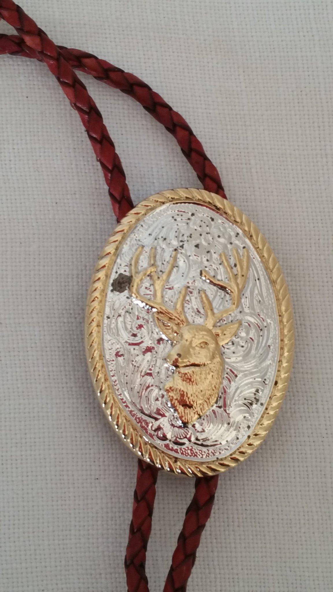 Red braided leather Bolo with Deer
