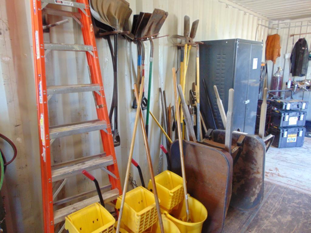 Assorted Tools- Rakes, Shovels, Ladder, Weedeater, (2) Wheel barrows, mop buckets, Located in Thomas