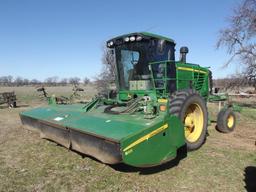 JOHN DEERE R450 SELF PROPELLED DISC MOWER, S/N 370642, JD 995 HEADER, CAB, HOUR METER READS 2189 HRS