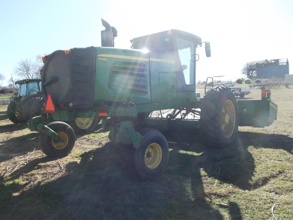 JOHN DEERE R450 SELF PROPELLED DISC MOWER, S/N 370642, JD 995 HEADER, CAB, HOUR METER READS 2189 HRS