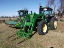 JOHN DEERE 4450 FWA FARM TRACTOR, S/N 028414, 265 FRONT END LOADER W/FORKS, CAB, HOUR METER READS