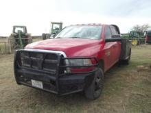 2013 DODGE RAM 3500 4X4 CREWCAB FLATBED, S/N 3C63RRGLXDG593270, CUMMINS ENG, AUTO TRANS, OD READS