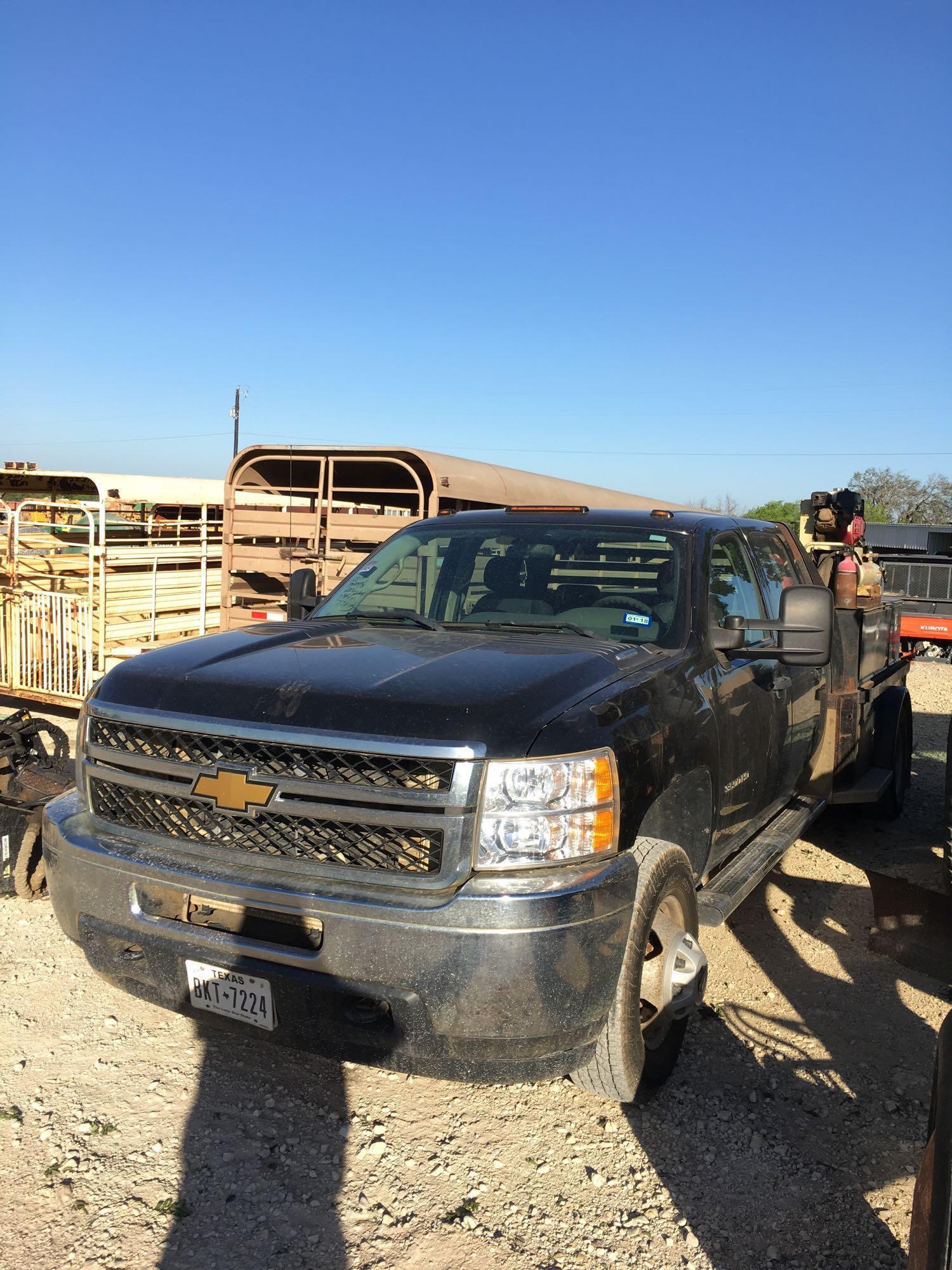 2013 Chevy 3500 crew cab diesel 4x4 worktruck with heavy flatbed, air compressor only 77,000 miles