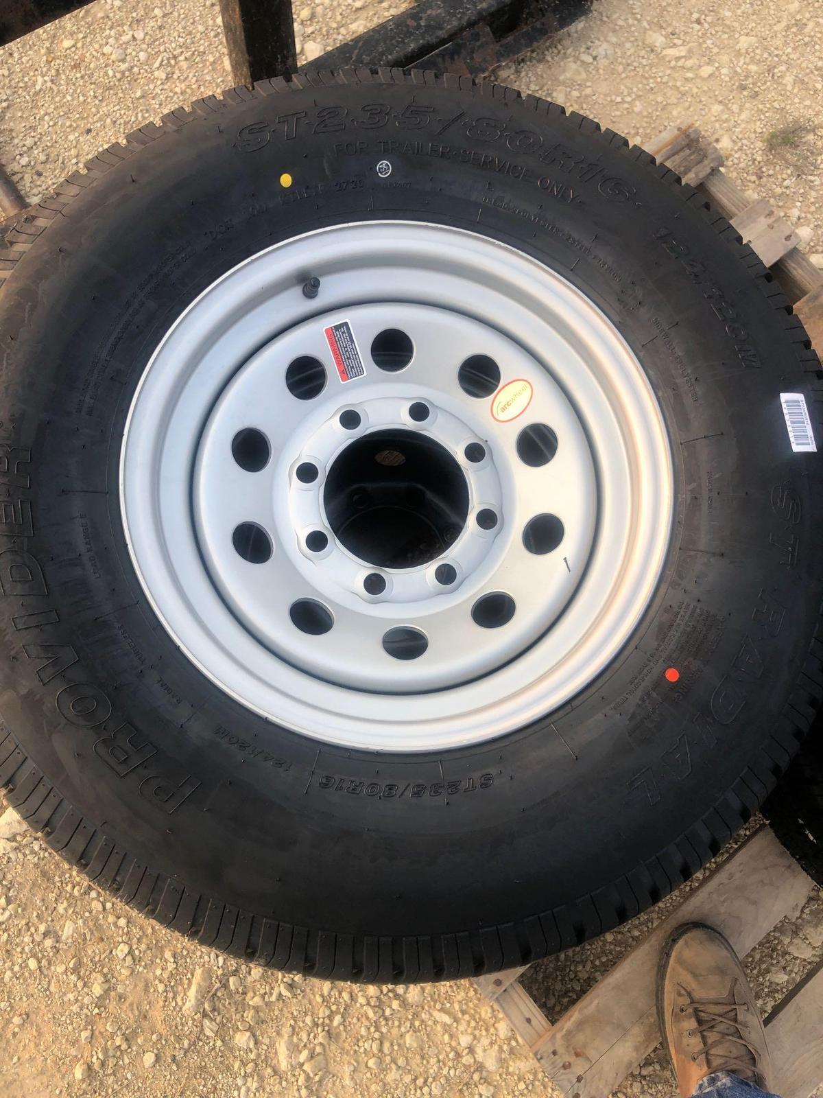 New ST 235 80 R16 Trailer Tires on 8 lug wheels Sell two times the money, must take both