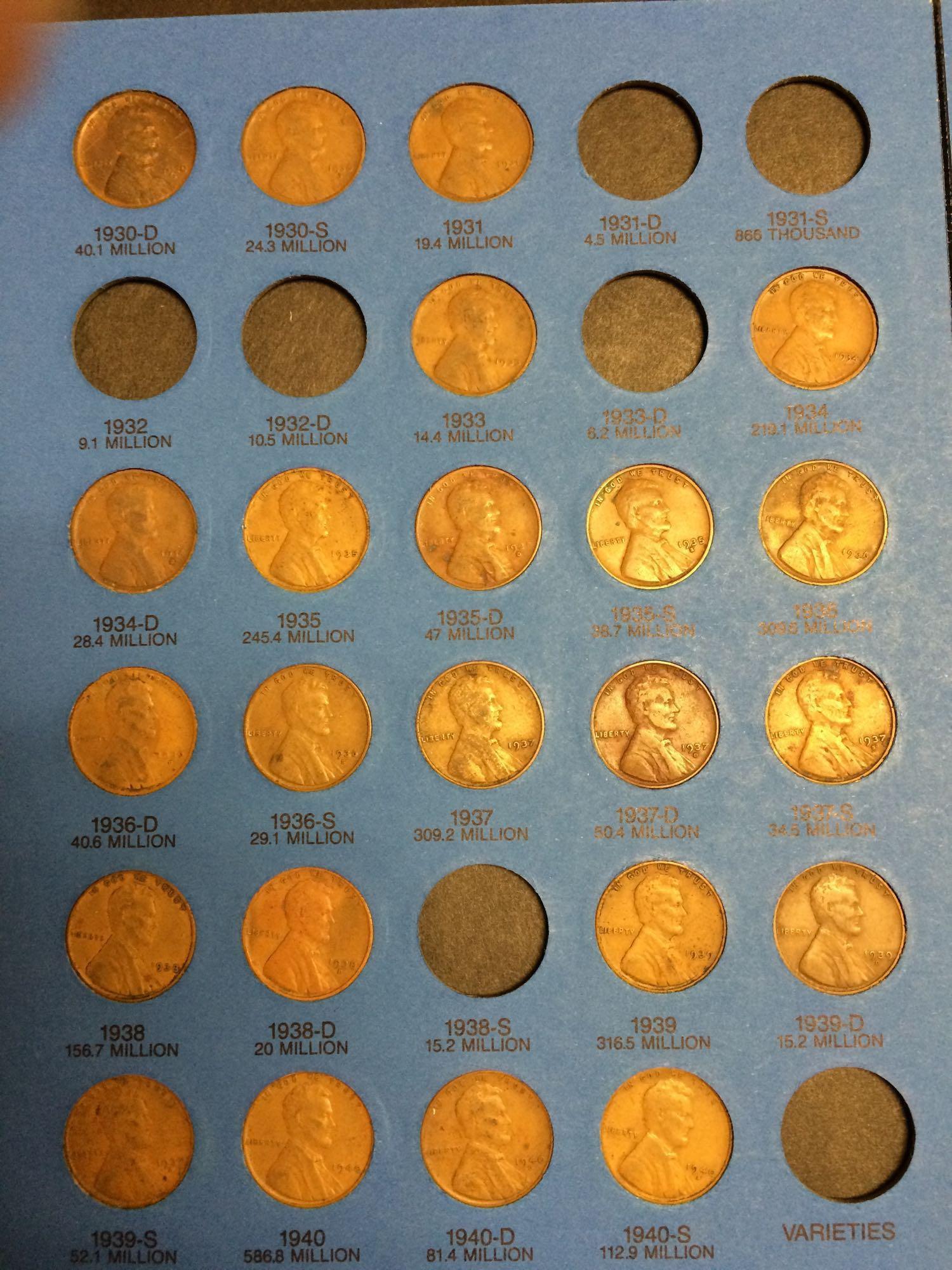 Lot of 59 Lincoln Memorial pennies 1909 through 1940 some key dates