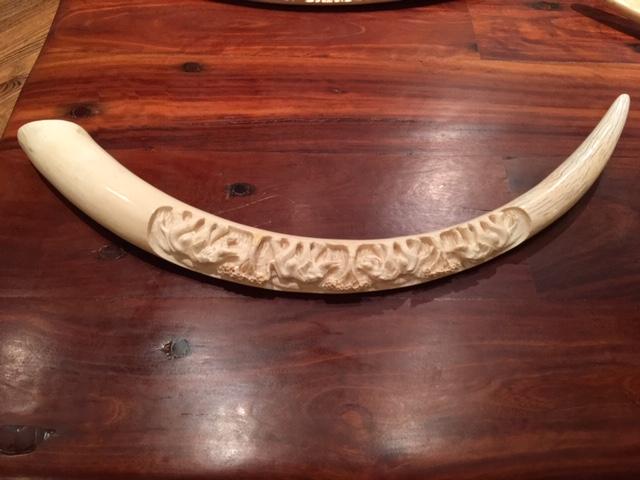 42"CARVED IVORY TUSK W/ELEPHANT CARVED IN IT -42"LONGx6.5" -SIGNED D.KARIMA (TX RES ONLY)