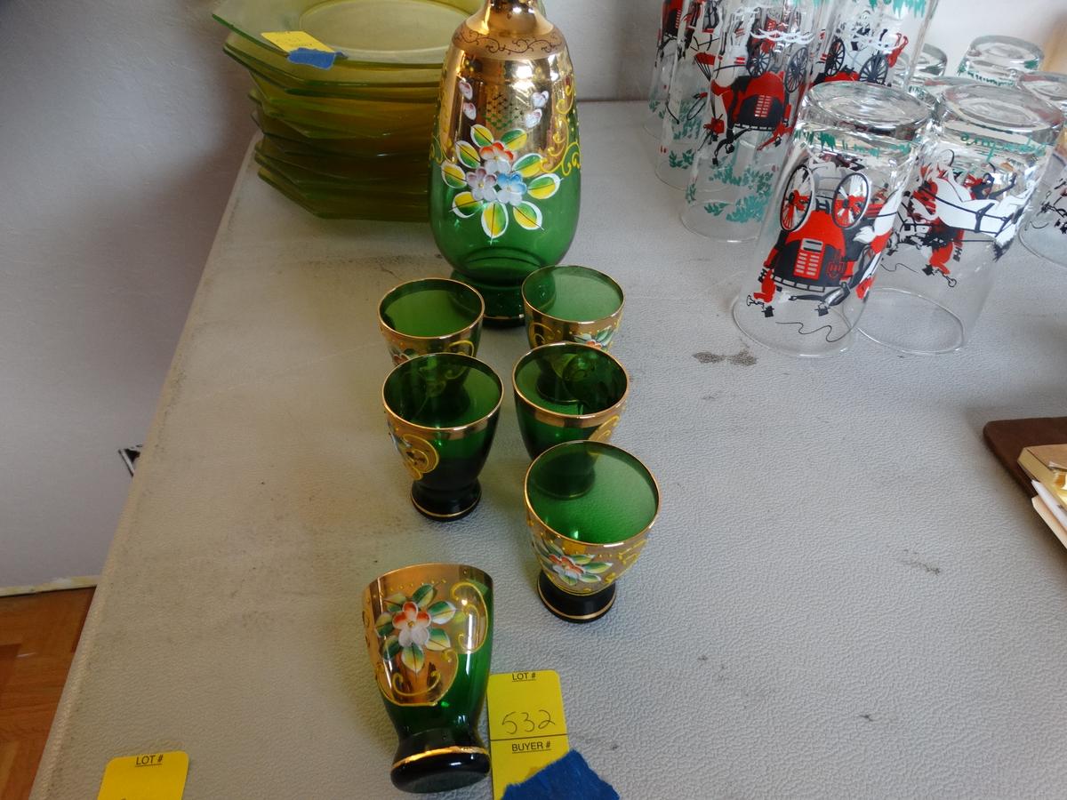 Vintage Green Glass Cordial Set