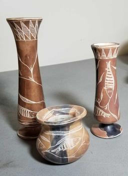 3 White Crossed-Line Ware Vase