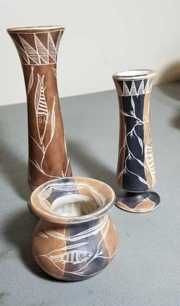 3 White Crossed-Line Ware Vase