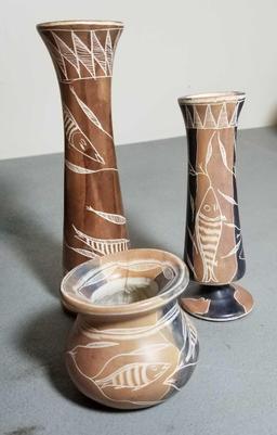 3 White Crossed-Line Ware Vase