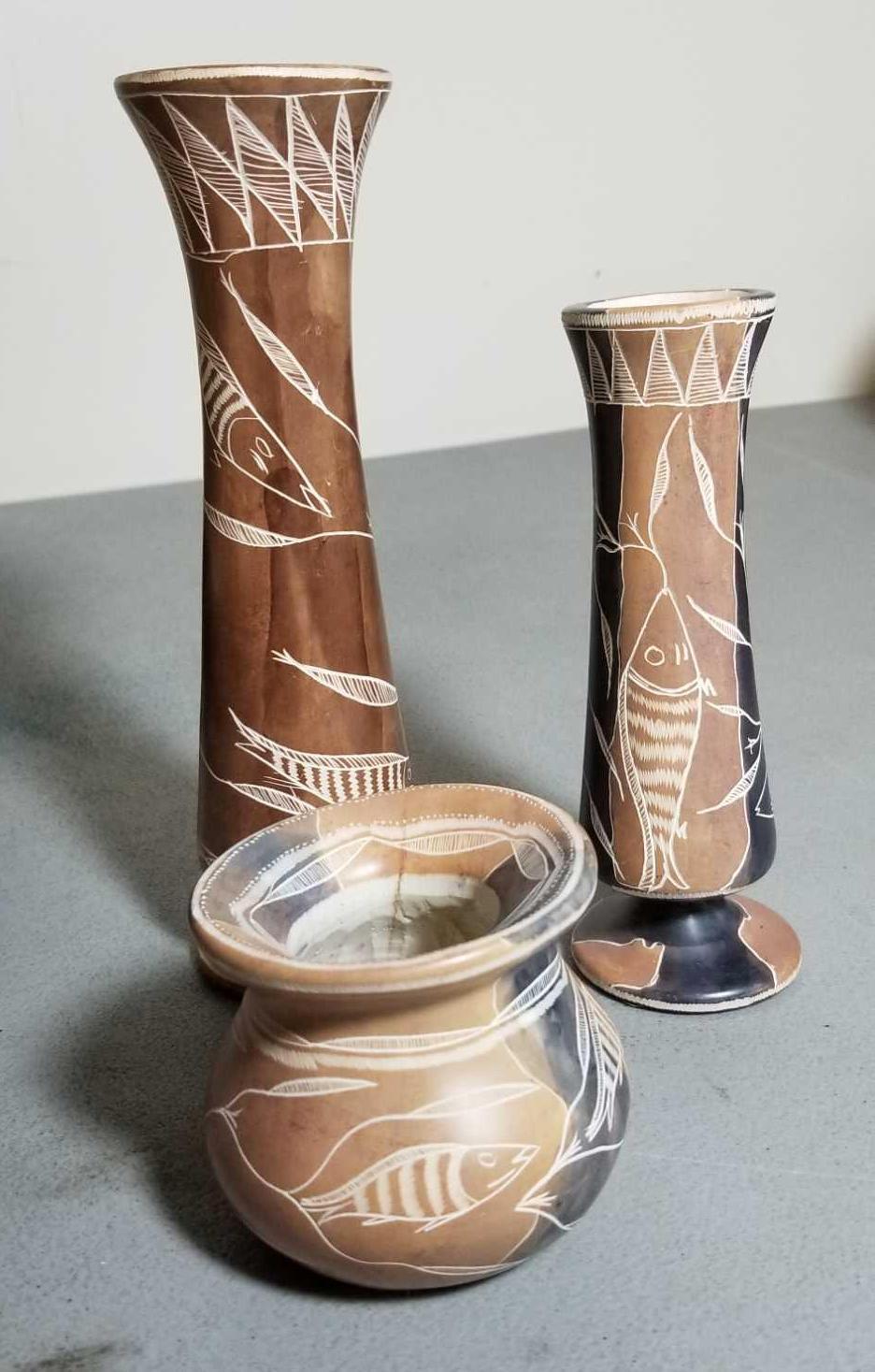 3 White Crossed-Line Ware Vase