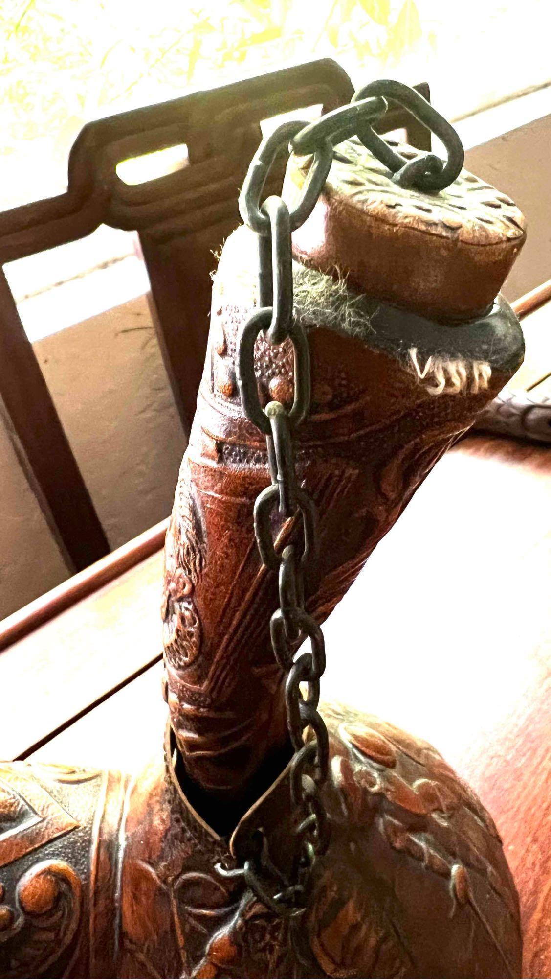 VINTAGE SPANISH EMBOSSED LEATHER WRAPPED GLASS DECANTER
