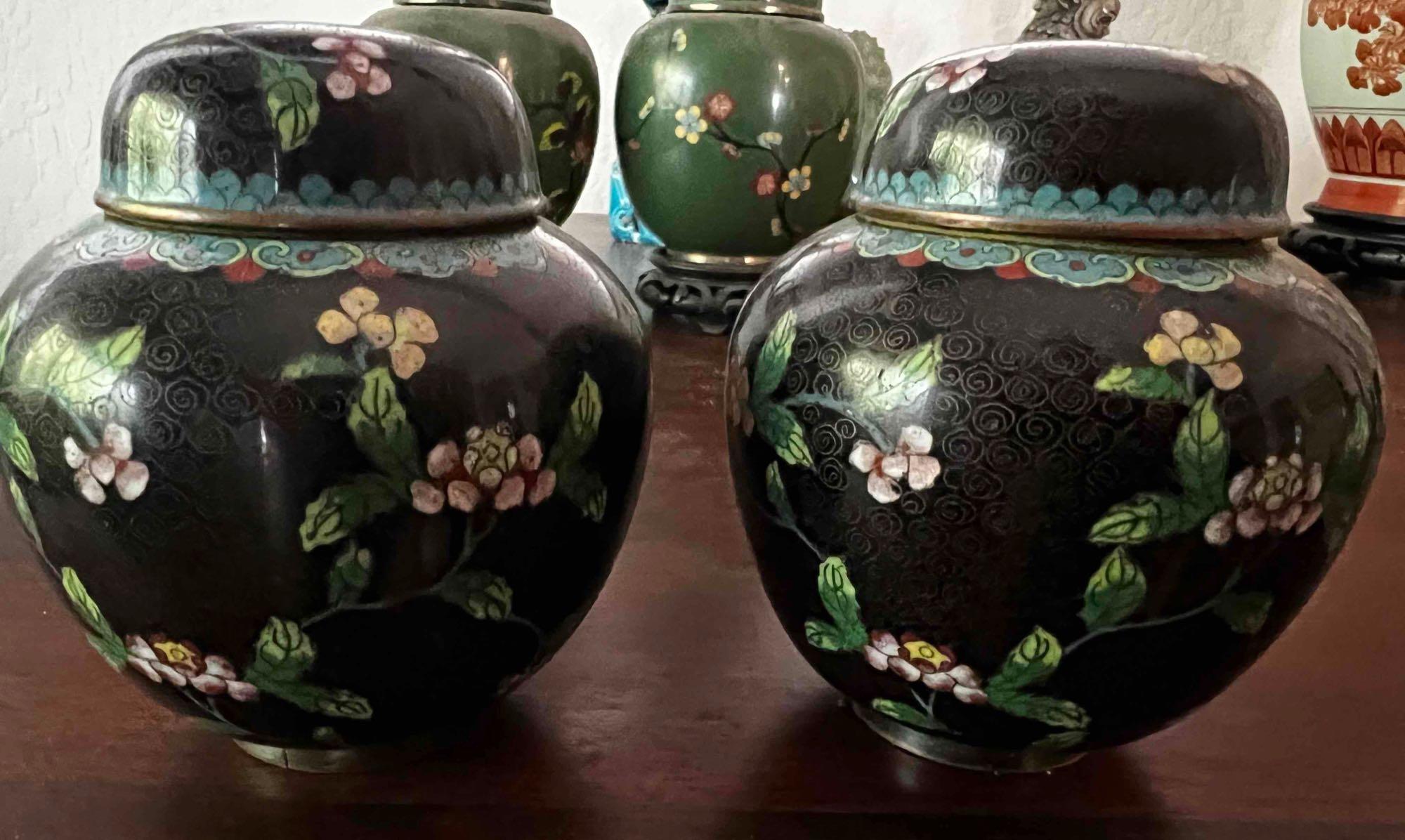 VINTAGE CHINESE CLOISONNE ENAMEL & BRASS GINGER JARS