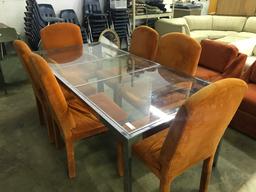 Glass Dining Table with 6 Orange Chairs (lot 3)