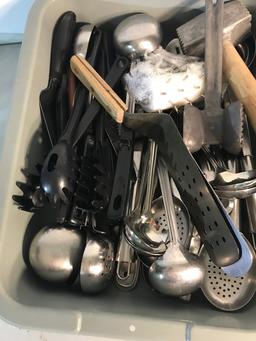 Large assortment of serving utensils, with bus tote