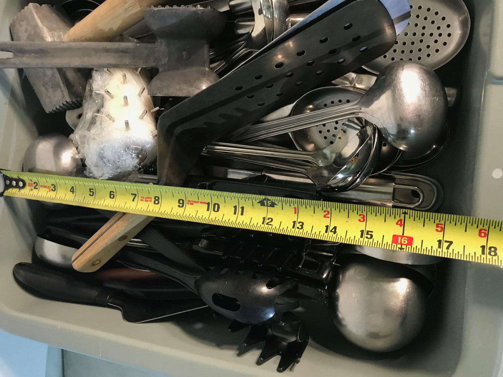 Large assortment of serving utensils, with bus tote