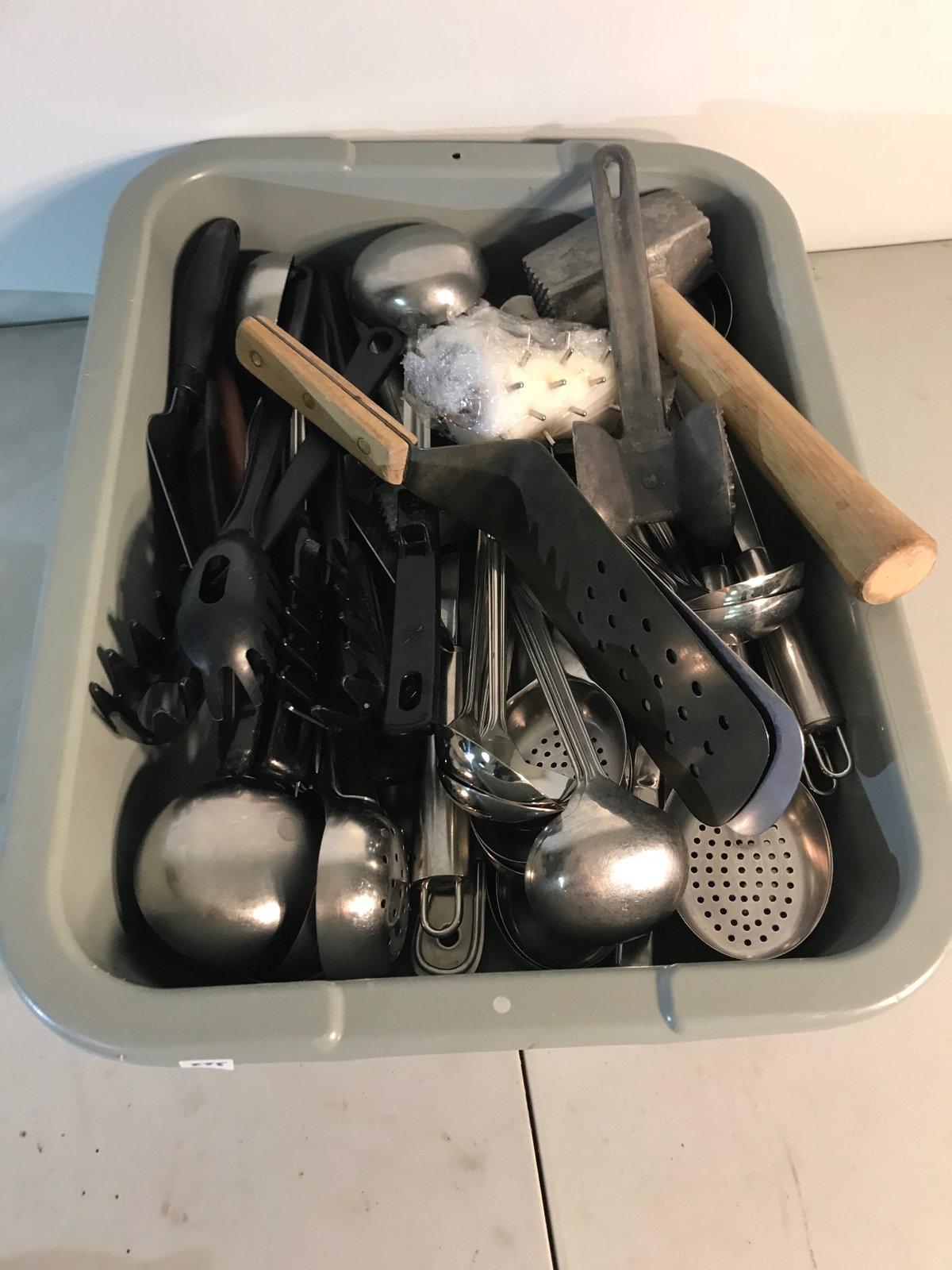 Large assortment of serving utensils, with bus tote