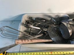 Large assortment of serving utensils, with bus tote