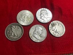 5- 90% Silver Half Dollars, selling times the money