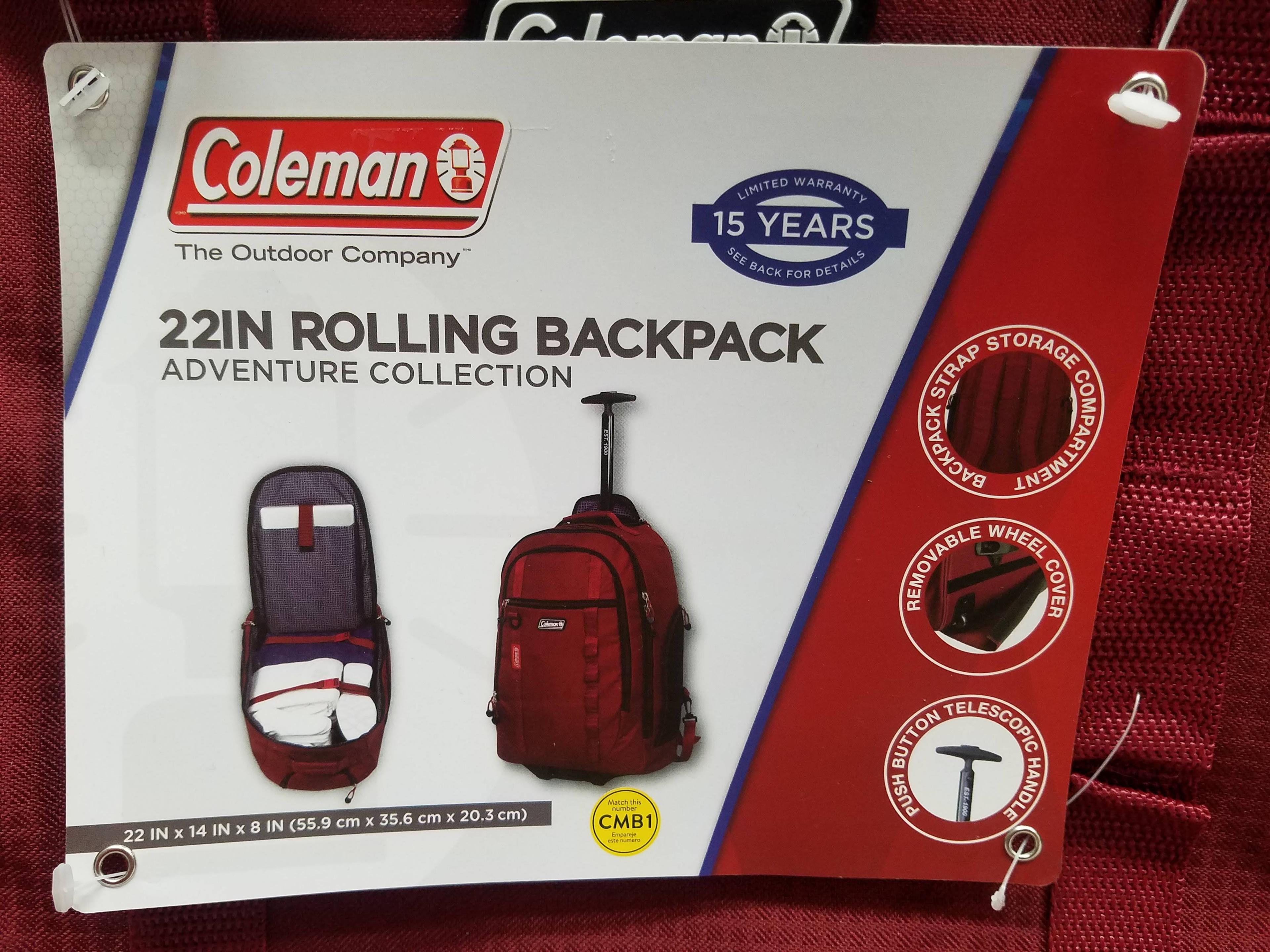 Coleman 22" Rolling Backpack, Maroon - New