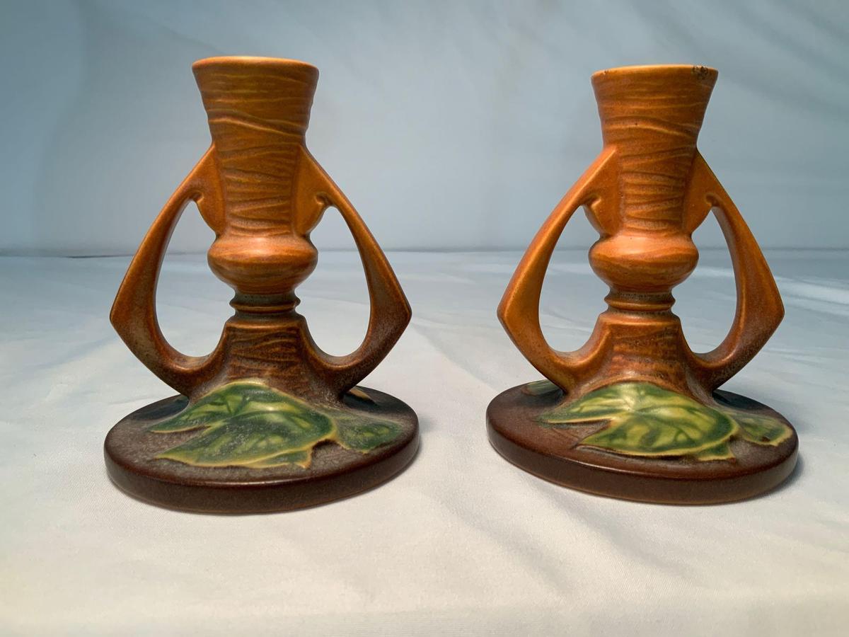 ROSEVILLE MATCHING CANDLE HOLDERS #1155-4 1/2" WATER LILLY PATTERN