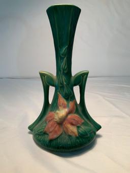 ROSEVILLE 187-7 INCH 2 HANDLED BUD VASE CLEMATIS PATTERN