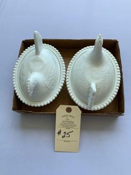 TWO LARGE HENS ON NEST WHITE MILK GLASS