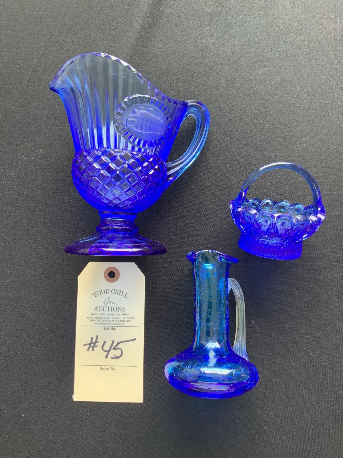 THREE PIECES OF BLUE GLASSWARE