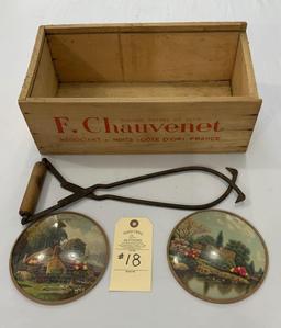 F CHAUVENET WOODEN BOX, ICE TONGS AND SM BUBBLE PICTURES