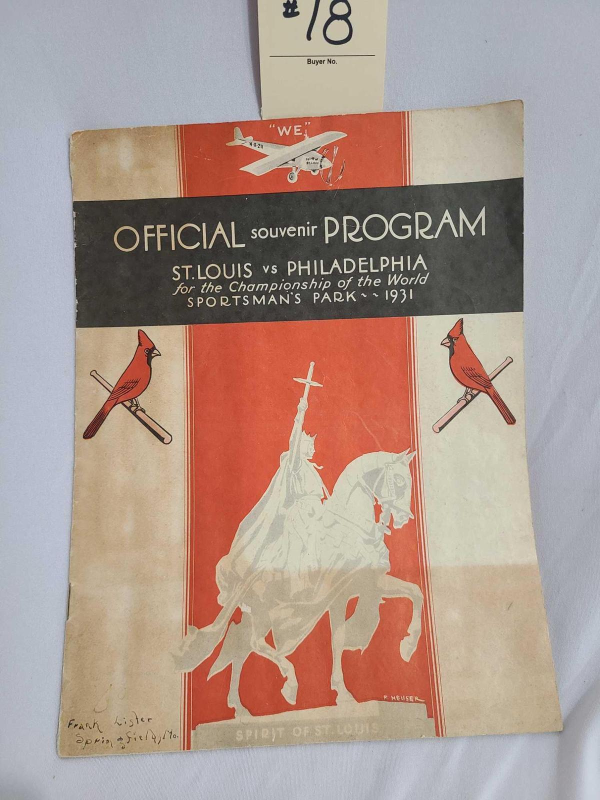 1931 OFFICIAL SOUVENIR PROGRAM ST. LOUIS VS PHILADELPHIA FOR THE CHAMPIONSHIP OF THE WORLD